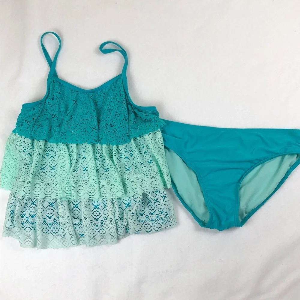 Kids Swim Ruffle Tankini Swimsuit - Teal (S2)